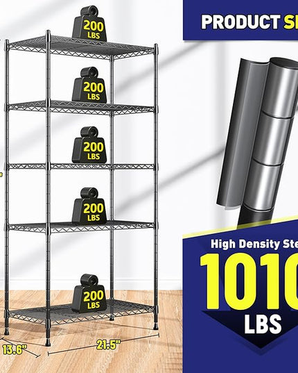 Storage Shelves Adjustable Metal Shelving Unit 5 Tier Wire Shelving,1010LBS Pantry Shelves Sturdy Steel Wire Shelf for Laundry Bathroom Kitchen Pantry, 13.6" D x 21.5" W x 59.4" H, 2PCS
