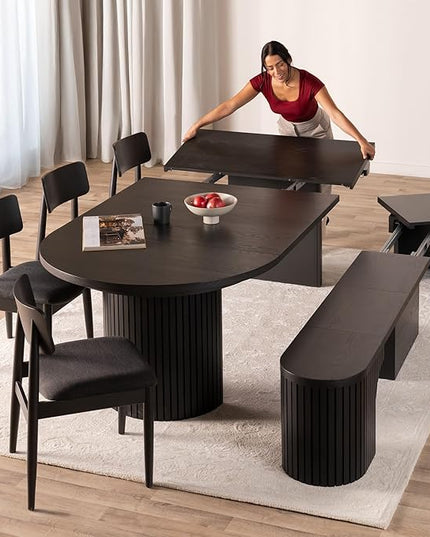 Transformer Table - Solid Wood Extendable Round Dining Table Set with Bench and 4 Chairs, Seats 4-10, Extendable Round Dining Set, Smoked Hickory, Black Finish (Table + Bench + 4 Chairs)