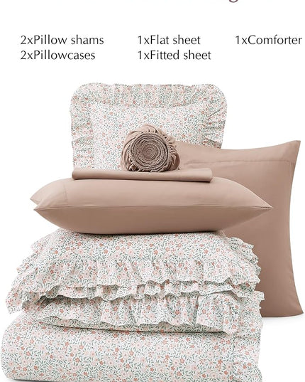 King Comforter Set - 7 Pieces Ruffle Pink Ditzy Bedding Sets, Shabby Chic Farmhouse Bed in a Bag King with Floral Comforter, Sheets, Pillowcases & Shams