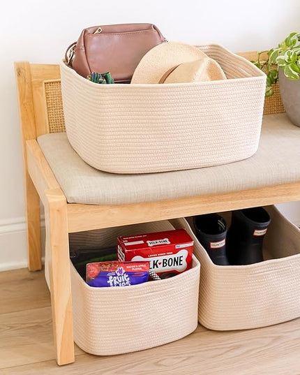 NaturalCozy Storage Baskets 16.8”x13”x7.6” Cotton Rope Woven Baskets for Organizing 3-Pack | Toy Storage Bins | Basket for Shelves, Laundry, Blanket, Clothes, Closet, Kitchen, Bathroom, Gifts