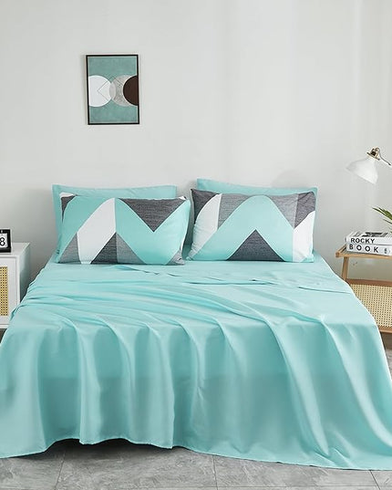 Bedbay Grey and Teal Comforter Set Teal Bedding Full Size Bed Sheets and Comforter Set Geometric Chevron Full Bed Set Soft Lightweight Comforter Bed in a Bag 8 Pieces(Teal&Grey,Full)