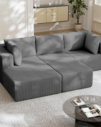 108" Boneless Couches for Living Room, Modular Cloud Couch Sofa -4 Pieces U Shap Corduroy Sectional Sofa, Fluffy Memory Foam Sleeper Sofa Furniture, No Assembly, Wide Armrest, Grey