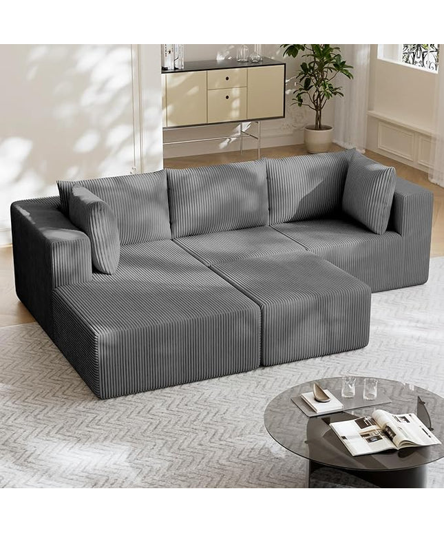 108" Boneless Couches for Living Room, Modular Cloud Couch Sofa -4 Pieces U Shap Corduroy Sectional Sofa, Fluffy Memory Foam Sleeper Sofa Furniture, No Assembly, Wide Armrest, Grey