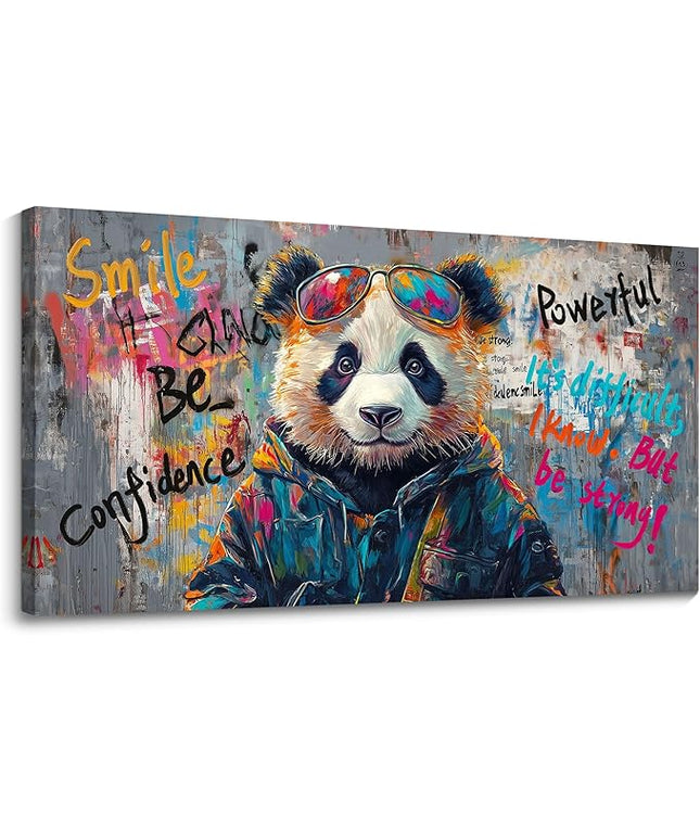 JEAWA Large Canvas Wall Art, Funny Panda Abstract Graffiti Street Art Pop Wall Picture Black and White Paintings Ready to Hang Living Room Bedroom Study Home Office Inspirational Decor 29x58 IN