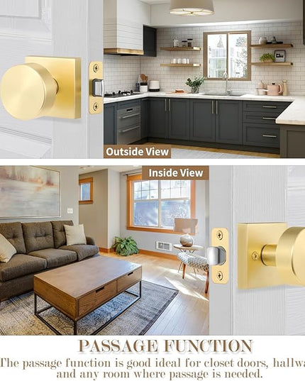Passage Brass Door Knobs Interior, Brushed Gold Passage Door Knobs, Square Gold Door Handles for Closet Hallway, Heavy Duty Design