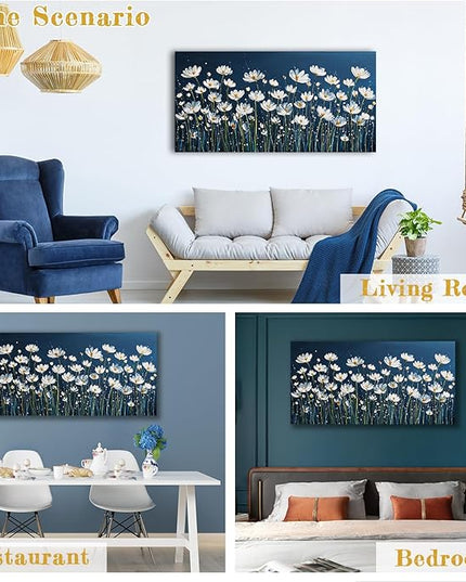 HUADAOART White Daisy Floral Canvas Wall Art Navy Blue Background Living Room Bedroom Decor Size: 20" x 40"