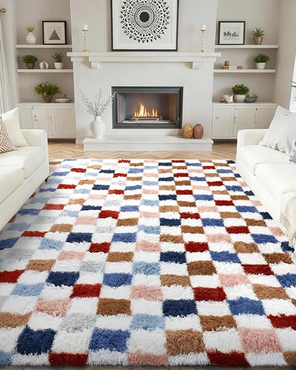Ophanie Checkered Rainbow Rug for Living Room Bedroom, Colorful Fluffy Soft Cute Fuzzy Area Rugs, Shag Plush Shaggy Bedside Floor 8x10 Furry Carpet for Kids Teen Dorm Nursery Home Decor Aesthetic