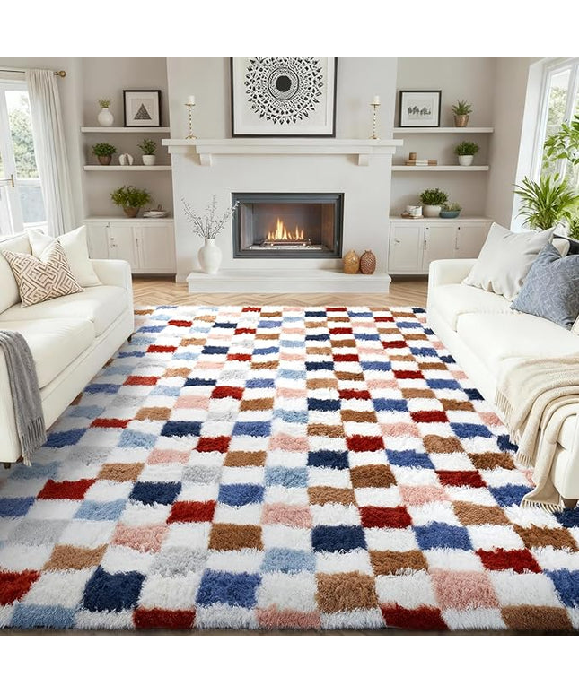 Ophanie Checkered Rainbow Rug for Living Room Bedroom, Colorful Fluffy Soft Cute Fuzzy Area Rugs, Shag Plush Shaggy Bedside Floor 8x10 Furry Carpet for Kids Teen Dorm Nursery Home Decor Aesthetic