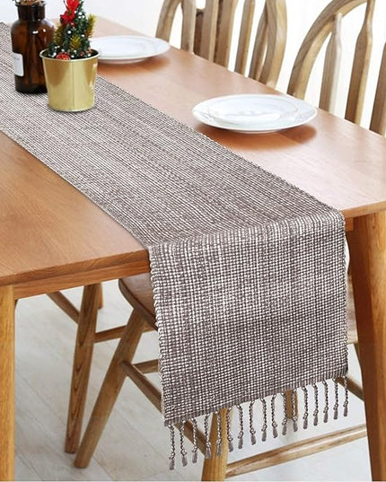 Urban Villa Two Tone Table Runner - 100% Cotton, Brown/Ivory, 14''x72'' with Fringes, Perfect for Kitchen, Dining, BBQs and Everyday Use