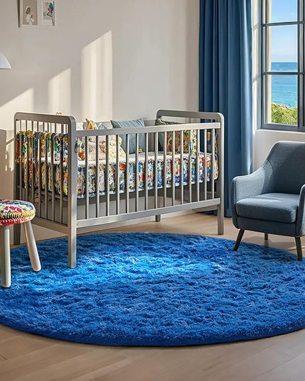 Ophanie Round Rug 6Ft Blue Circle Area Rug, Boys Room Decor, Fluffy Fuzzy Bedroom Carpet, Plush Soft Shaggy Living Room Rugs for Kids Home Decor Aesthetic, Nursery