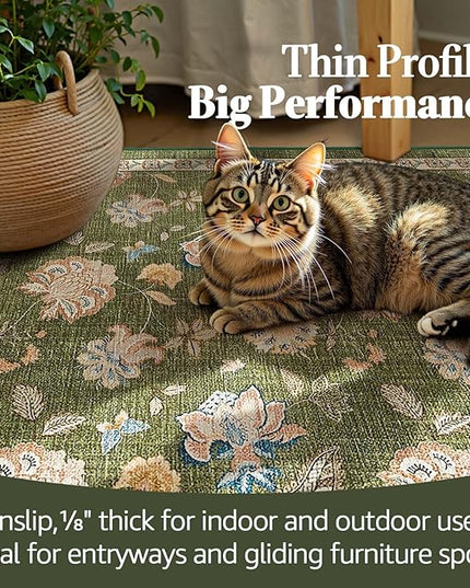 jinchan Elora 8x10 Floral Rug for Living Room Washable Bedroom Rug Vintage Romance Christmas Design Non Slip Thin Indoor Floor Cover Large Low-Profile Throw Carpet for Dining Room Office, Green
