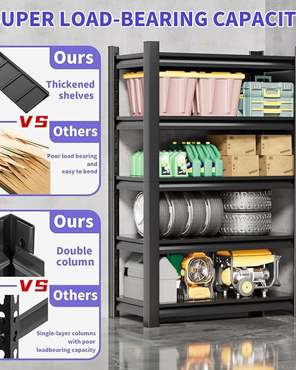 Metal Garage Shelving Unit,78"H Heavy Duty 5-Tier Adjustable Storage Rack,18"D x 48"W x 78"H Steel Shelving,3000 lbs Industrial Shelves for Heavy Tools and Equipment,Ideal for Garage, Basement,Black