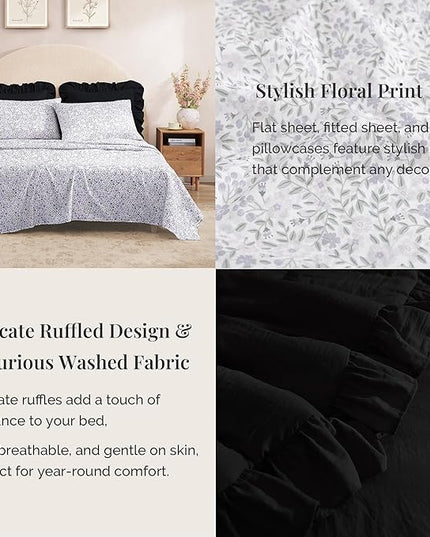 Queen Comforter Set - 7 Pieces Ruffle Black Bedding Sets, Shabby Chic Farmhouse Bed in a Bag Queen with Ruffle Comforter, Floral Sheets, Pillowcases & Shams