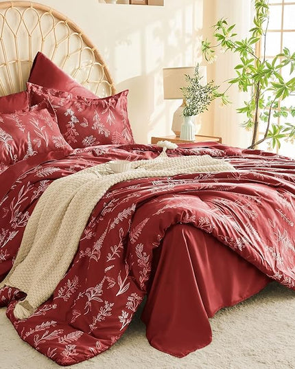 MUXHOMO Terracotta Bed in a Bag Queen 7 Pieces, Queen Comforter Set Reversible Botanical Flowers Design, Ultra Soft & Breathable Bedding Sets with Comforter, Sheets, Pillowcases & Shams