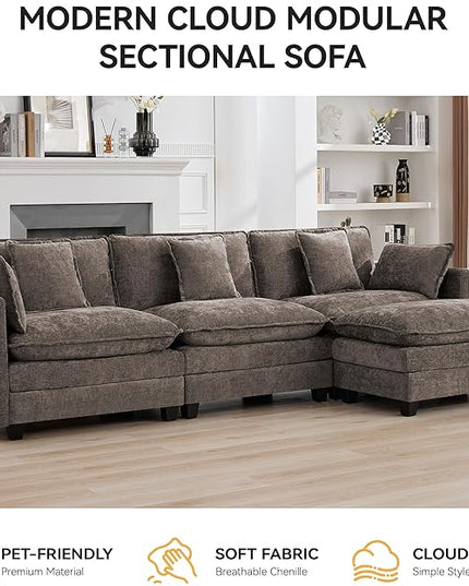111'' Sectional Cloud Deep Seat Couch, Modern Comfy Chenille L Shaped Sectional Sofa for Living Room Set, Upholstered Modular 3-Seats Sofa Couch with 1 Movable Ottoman, Brown