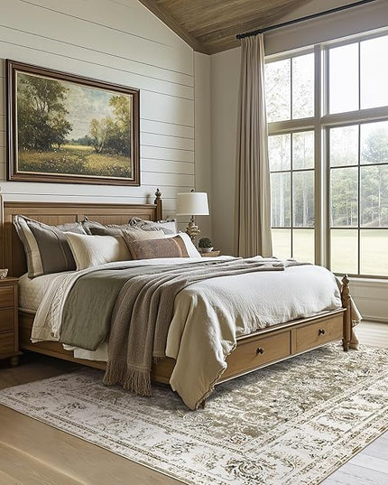 jinchan Fiora Washable Area Rug 5x7 Ultra-Thin Low Pile Non Slip Stain Resistant Soft Faux Wool Floral Distressed Vintage Carpet for Bedroom, Living Room, Dining Room, Kitchen, Nursery(Taupe, 5' x 7')