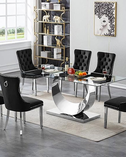 7 Piece Dining Table Set, Modern Glass Dining Table Set for 6, 70" Luxury Glass Table w/Silver Stainless Steel Base & 6 Black Tufted Chairs, Kitchen Dining Room Sets for 6 for Breakfast Dinner Dinette