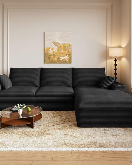 107" Cloud Couch Modular Sectional Sofa for Living Room, L-Shape Boneless Couch with Deep Seat, Modern Corduroy 3-Seater, No Assembly Required (Black,Right-Facing Chaise)
