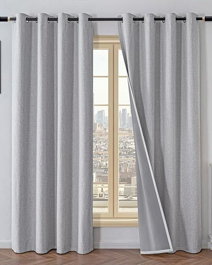 100% Blackout Curtains 96 Inch Long 2 Panels Set, Faux Linen Black Out Curtains for Bedroom Living Room, Thermal Insulated Room Darkening Drapes Grommet(W52 x L96, Greyish White)