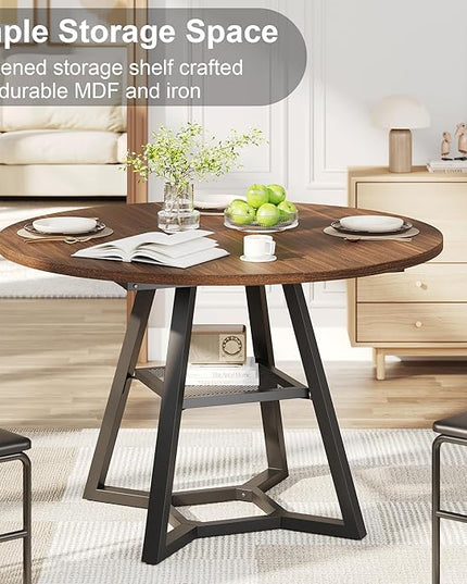 Round Dining Table for 4, Kitchen Tables Dining Room Circle Dinner Table with Pedestal Metal Frame, Space Saving Wood Industrial Kitchen & Dining Room Tables, Walnut 47In