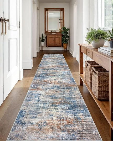 IOHOUZE Abstract Runner Rug 2x12 Ft Washable Runners for Hallways, Non Slip Kitchen Runner Printed Faux Wool Entryway Runner Indoor, Modern Abstract Floor Carpet for Hall Kitchen, Blue Rust