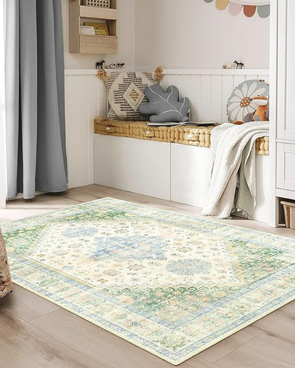 MUJOO Washable Rug 4x6.5,Boho Area Rugs for Bedroom Living Room Office Playroom,Small Non Slip Indoor Throw Carpet Low Pile Light Green and Blue