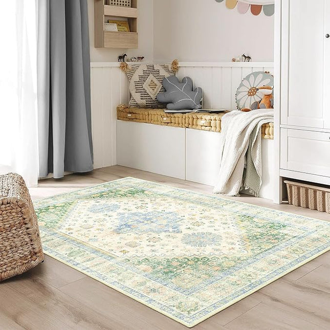 MUJOO Washable Rug 4x6.5,Boho Area Rugs for Bedroom Living Room Office Playroom,Small Non Slip Indoor Throw Carpet Low Pile Light Green and Blue