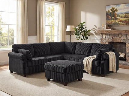 Modular Sectional Sofa Couch, L-Shape Corduroy Couches 4 Seat with Storage Ottoman, Modern Corner Sofa Memory Foam Sectional Cloud Couches for Living Room, Bedroom, Apartment, Office (Black)