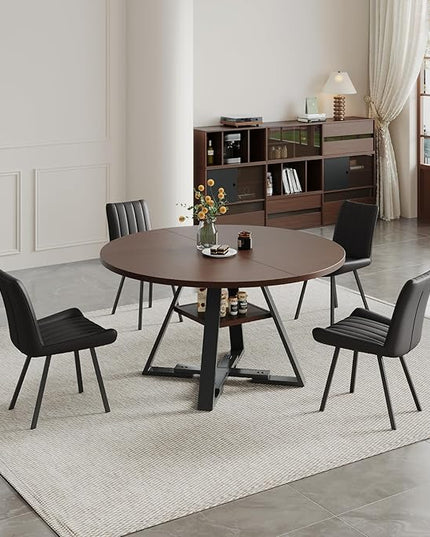 Walnut Round Dining Table Set for 4, Mid-Century Modern Kitchen Table and Chairs, Small Space Dining Room Furniture for Apartment, Breakfast Nook or Studio (Walnut wood-Storage Table+4 Black Chairs)