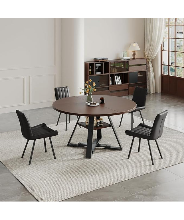 Walnut Round Dining Table Set for 4, Mid-Century Modern Kitchen Table and Chairs, Small Space Dining Room Furniture for Apartment, Breakfast Nook or Studio (Walnut wood-Storage Table+4 Black Chairs)