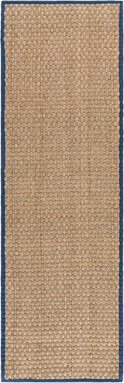 SAFAVIEH Natural Fiber Collection Runner Rug - 2'6" x 14', Natural & Navy, Seagrass, Basketweave Pattern with Border (NF114T)