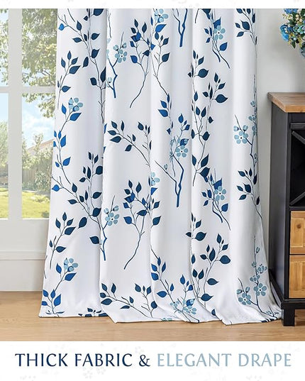 Beauoop Floral 100% Blackout Curtains 84 Inches Long 2 Panels for Bedroom Living Room Navy Blue and White Flower Patterned Room Darkening Thermal Soundproof Rod Pocket Back Tab Window Drapes, 52X84