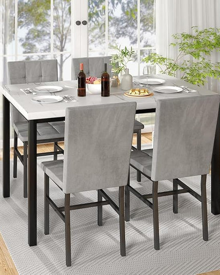 Hooseng Dining Room Table Set 5 Piece Dining Table Set Marble Dining Table 4 Chair Dining Table Set for Kitchen Living Room Breakfast Small Spaces (White & Grey)
