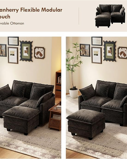Ihanherry 57" L Shaped Modular Sectional Cloud Sofa, Modern 3 Seat Chenille Couch with Ottoman for Living Room, Bedroom and Apartment, Black
