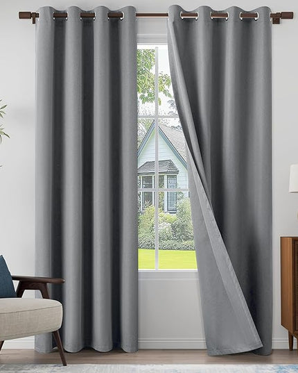 100% Blackout Linen Textured Curtains 90 Inch Length 2 Panels Set for Living Room, Bedroom, Light Weight Curtains with Grommets Top, Full Blackout Curtains Privacy Protection, Gray, 52" W x 90" L
