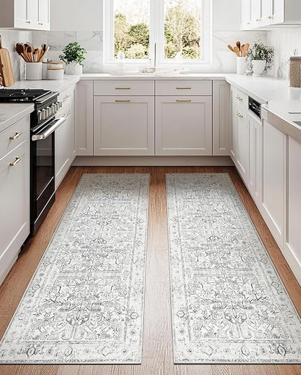 jinchan Lima Kitchen Runner Rug 3x8-2pcs, Bohemian Hallway Washable Rug Floral Non Slip with Rubber Backing Vintage Carpet Runner for Bedroom Bathroom Laundry Room Living Room Decor Grey