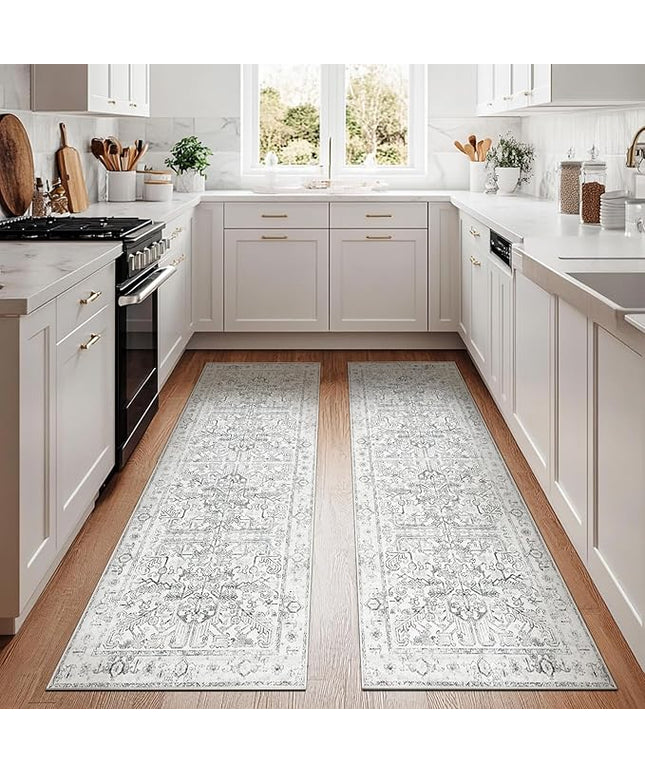 jinchan Lima Kitchen Runner Rug 3x8-2pcs, Bohemian Hallway Washable Rug Floral Non Slip with Rubber Backing Vintage Carpet Runner for Bedroom Bathroom Laundry Room Living Room Decor Grey