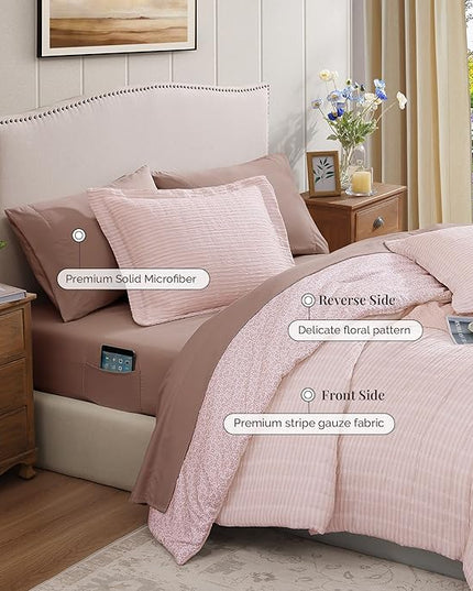 King Comforter Set - 7 Pieces Pink Gauze Muslin Bedding Sets for All Seasons, Lightweight Breathable Bed in a Bag King with Revesible Farmhouse Comforter, Sheets, Pillowcases & Shams