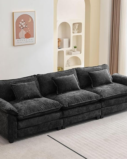 120" Modular Sectional Sofa, Comfy Cloud Couch Sectional Sofa, Chenille Sofa Sleeper Deep Seat Sofa with Throw Pillows for Living Room (Black, 120"- 3 Seater)