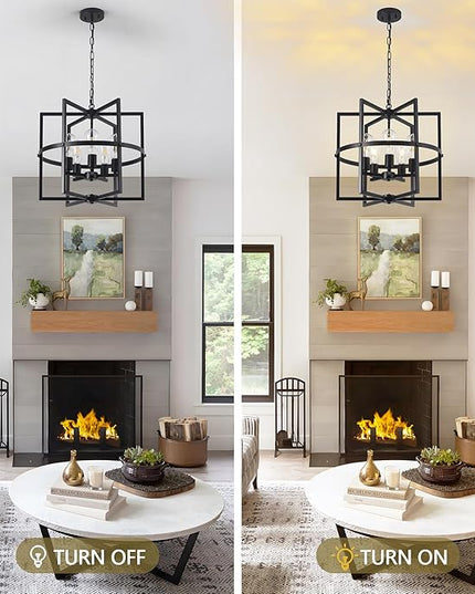 19'' Black Chandelier for Dining Room, 5-Light Modern Farmhouse Chandelier with Geometric Cage Adjustable Industrical Hanging Pendant Light Fixture for Kitchen Entryway Hallway Foyer Bedroom