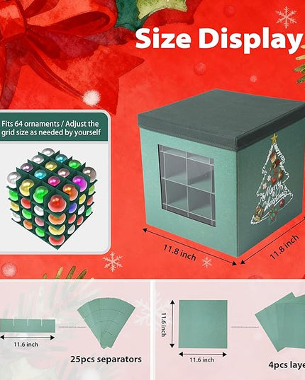 Christmas Ornament Storage Box with Lid - Holds 64 Ornaments, Large Sturdy & Foldable Organizer Case for Holiday Decor 11.8x11.8x11.8 Inch