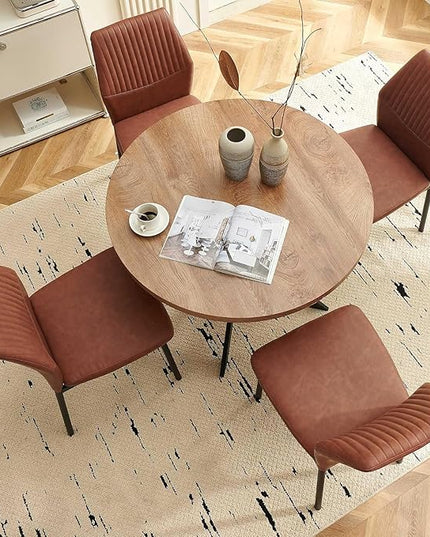 37" Round Dining Table Set for 4, Mid Century Modern Small Coffee Set for Dining Room Kitchen Apartment (Walnut Table + 4 PU Leather Brown Chairs)