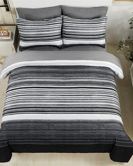 KAKIJUMN 7 Piece Bed in a Bag Stripe Comforter Set Queen Size, White Grey Black Patchwork Striped Comforter and Sheet Set, All Season Soft Microfiber Complete Bedding Sets(Grey,Queen)