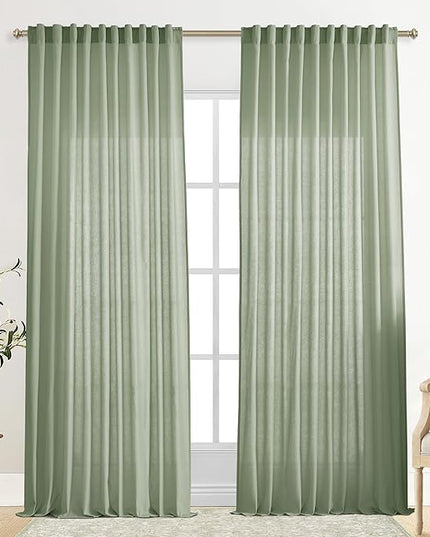 XTMYI 70 Inches Wide Sage Green 96 Inches Long Country Curtains for Living Room,Sheer Linen Curtains for Bedroom