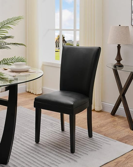 PADMA HOUSE Round Glass Dining Table Set for 6, 45in Modern Kitchen Small Wood Dinner Table with 6 Parsons Leather Dining Chairs 7 Piece Dining Room Table Chair Set, Clear&Black