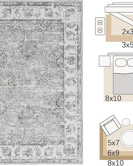 jinchan Fiora Floral 2x3 Rugs for Entryway - Vintage Washable Small Non-Slip Distressed Indoor Doormat Ultra-Thin Low-Pile Accent Rug for Entrance Kitchen Bedroom Bathroom (2x3ft, Grey)
