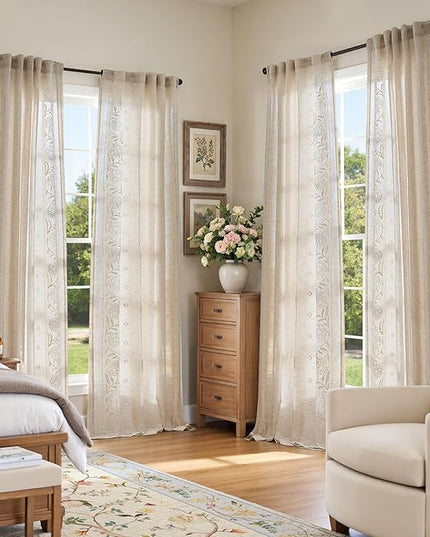 jinchan Winslow Linen Curtains for Living Room Floral Curtains 84 Inch Length Ivory Embroidered Bordered for Sitting Room Farmhouse Decor Light Filtering Window Treatments Set of 4