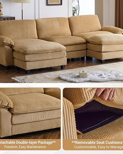 VINGLI 121" L Shape Sectional Couch, Convertible Sectional Couch for Small Living Room,Modern 3-Seat Convertible Loveseat Sofa with 2 Ottoman in Corduroy,Khaki
