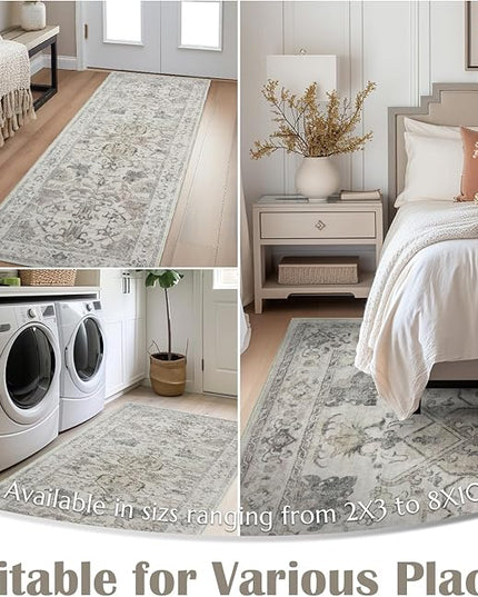 jinchan 4x6 Machine Washable Area Rug Ultra-Thin Soft Throw Rug Low Pile Non-Slip Stain Resistant Distressed Vintage Floral Carpet for Bedroom, Living Room, Dining Room, Kitchen, Nursery(4x6ft, Taupe)