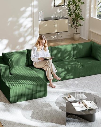 138" Boneless Couches for Living Room, Modular Cloud Couch Sofa - 4 Pieces L Shap Corduroy Sectional Sofa, Fluffy Memory Foam Sleeper Sofa Furniture, No Assembly, Wide Armrest, Green